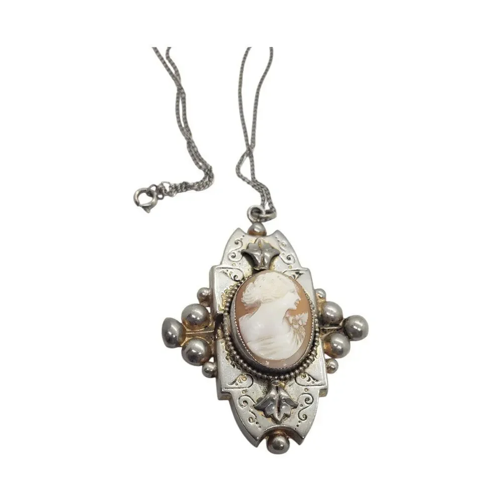 Vintage Cameo Pendant Necklace Silver Tone Ornate Art Deco Intaglio Large